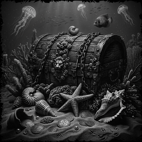 Decorative scene of a treasure chest with seashells and corals on a dark underwater background
