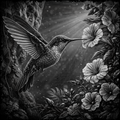 Black and white illustration of a hummingbird among flowers and foliage