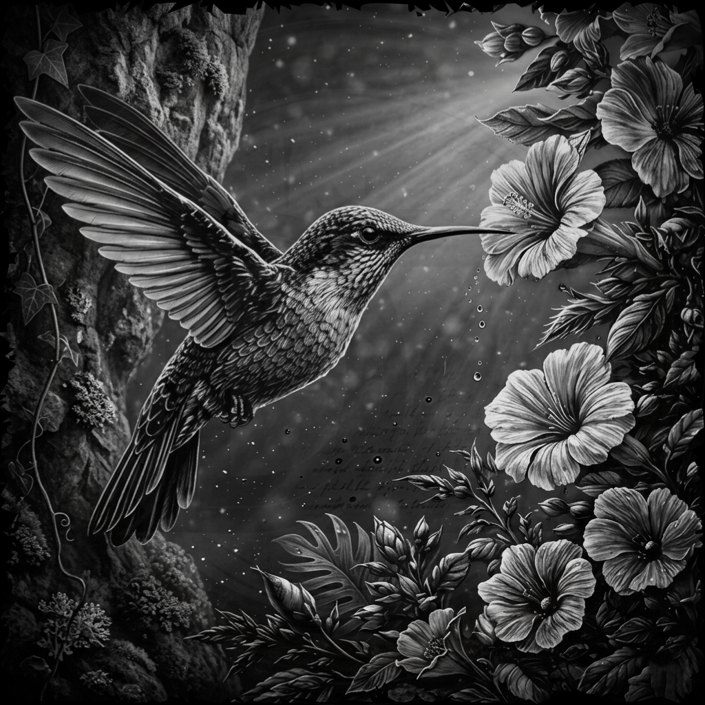 Black and white illustration of a hummingbird among flowers and foliage