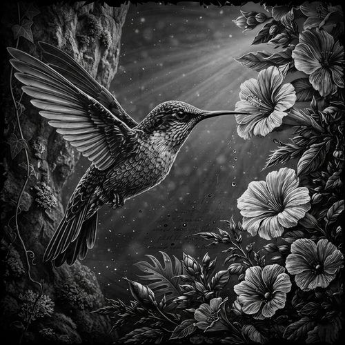 Black and white illustration of a hummingbird among flowers and foliage