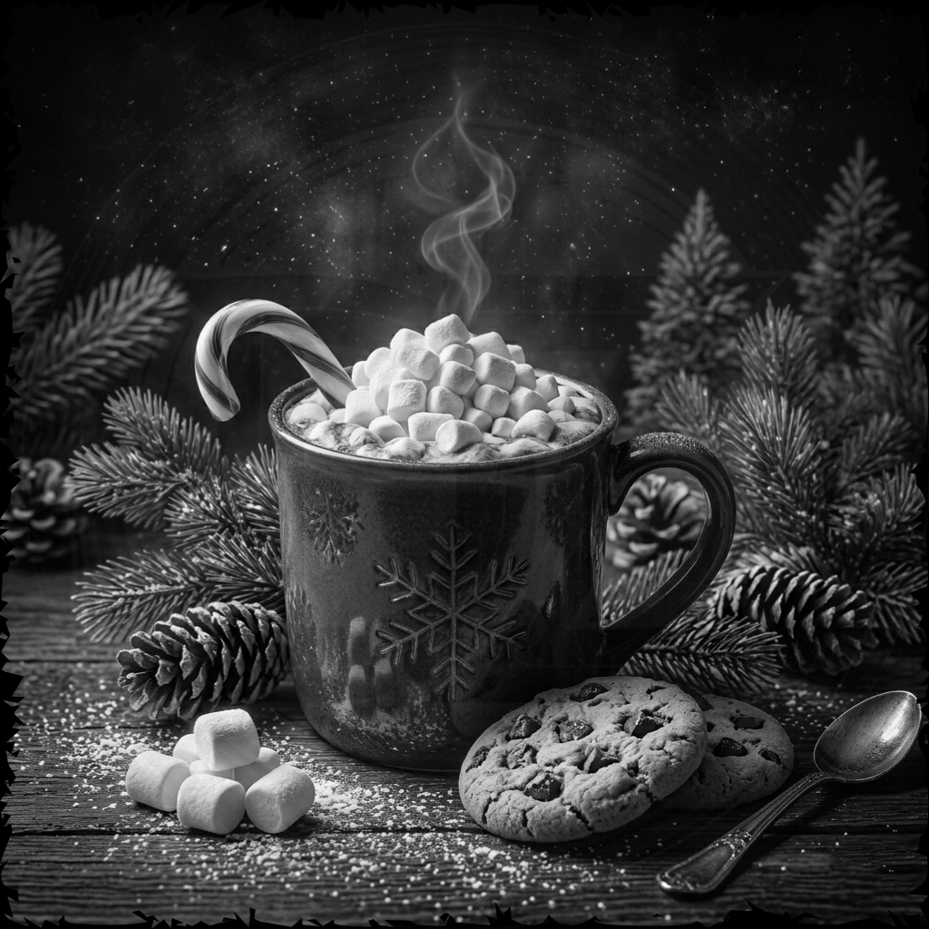 Hot chocolate with marshmallows, candy cane, and cookies on a wooden surface with a snowy background.
