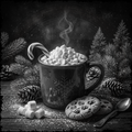Hot chocolate with marshmallows, candy cane, and cookies on a wooden surface with a snowy background.