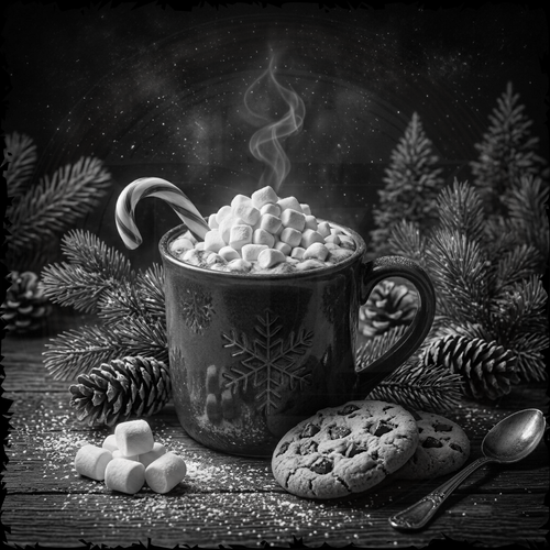 Hot chocolate with marshmallows, candy cane, and cookies on a wooden surface with a snowy background.