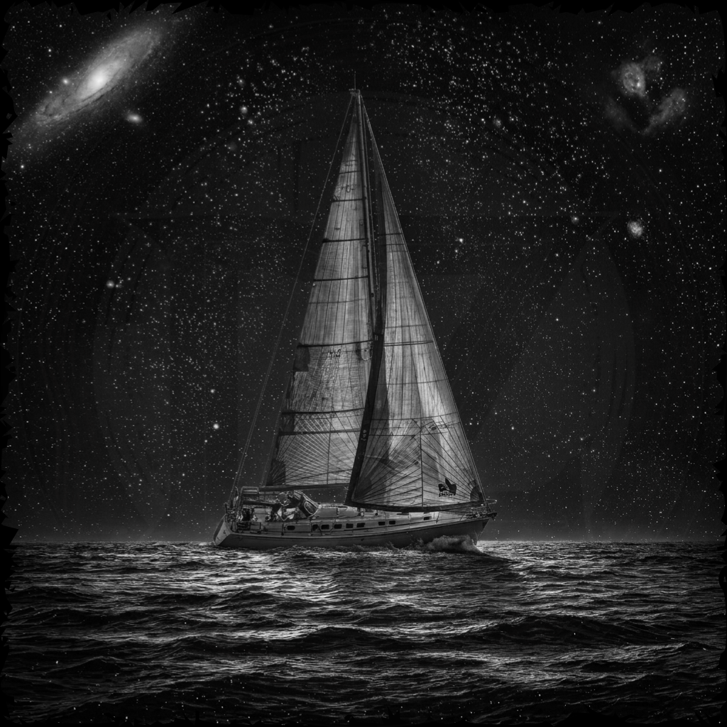 Sailboat on water with a starry night sky and galaxy in the background