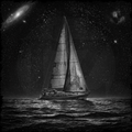 Sailboat on water with a starry night sky and galaxy in the background