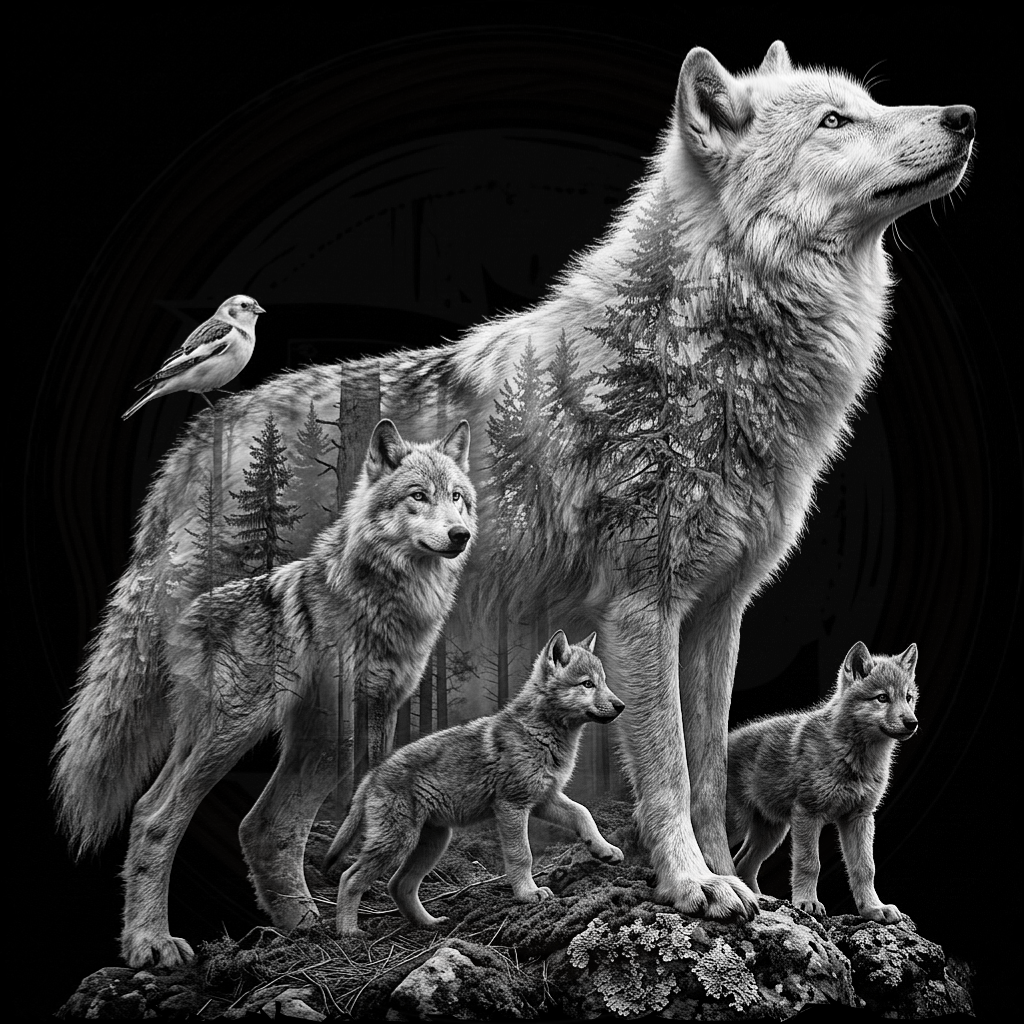 Family of wolves with a forest background on a black background
