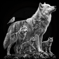 Family of wolves with a forest background on a black background