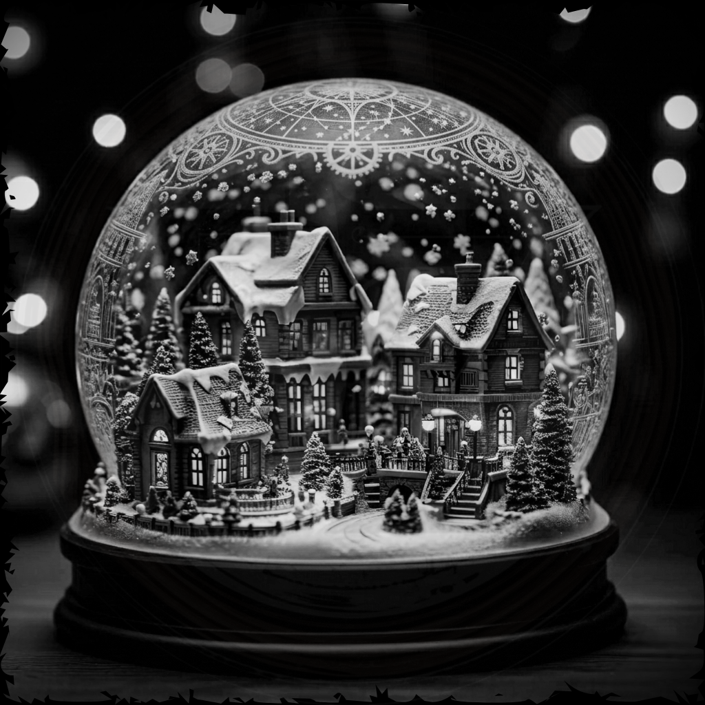 Decorative snow globe with a winter scene featuring houses and trees, illuminated against a dark background.