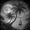 Black and white tropical scene with palm trees, sailboat, and full moon.