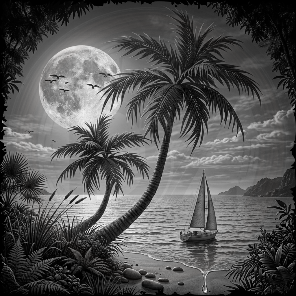 Black and white tropical scene with palm trees, sailboat, and full moon.