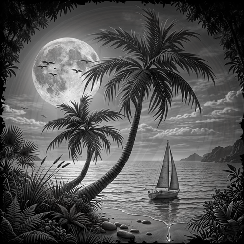 Black and white tropical scene with palm trees, sailboat, and full moon.