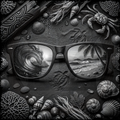Sunglasses with ocean-themed reflections surrounded by sea creatures and elements.