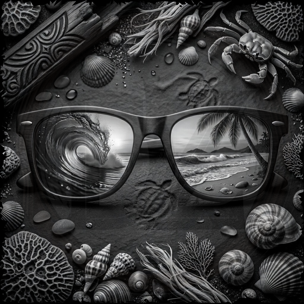 Sunglasses with ocean-themed reflections surrounded by sea creatures and elements.