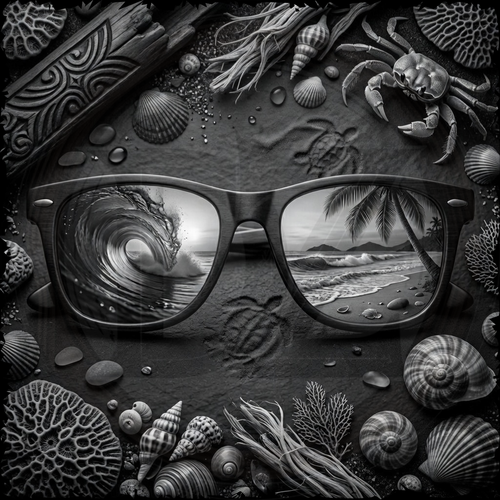 Sunglasses with ocean-themed reflections surrounded by sea creatures and elements.