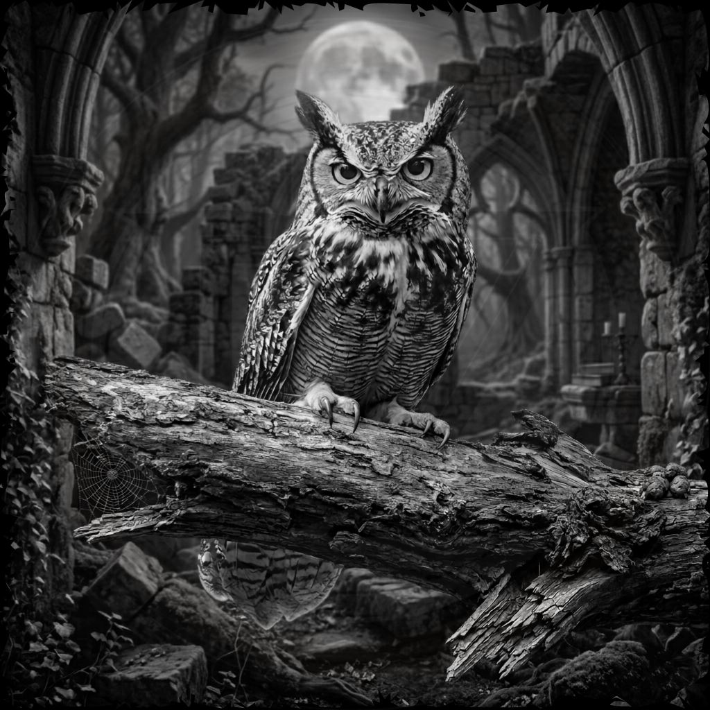 Owl perched on a log in a gothic-style setting with stone architecture and a full moon.