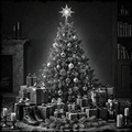 Decorated Christmas tree with presents and a star on top in a room setting.