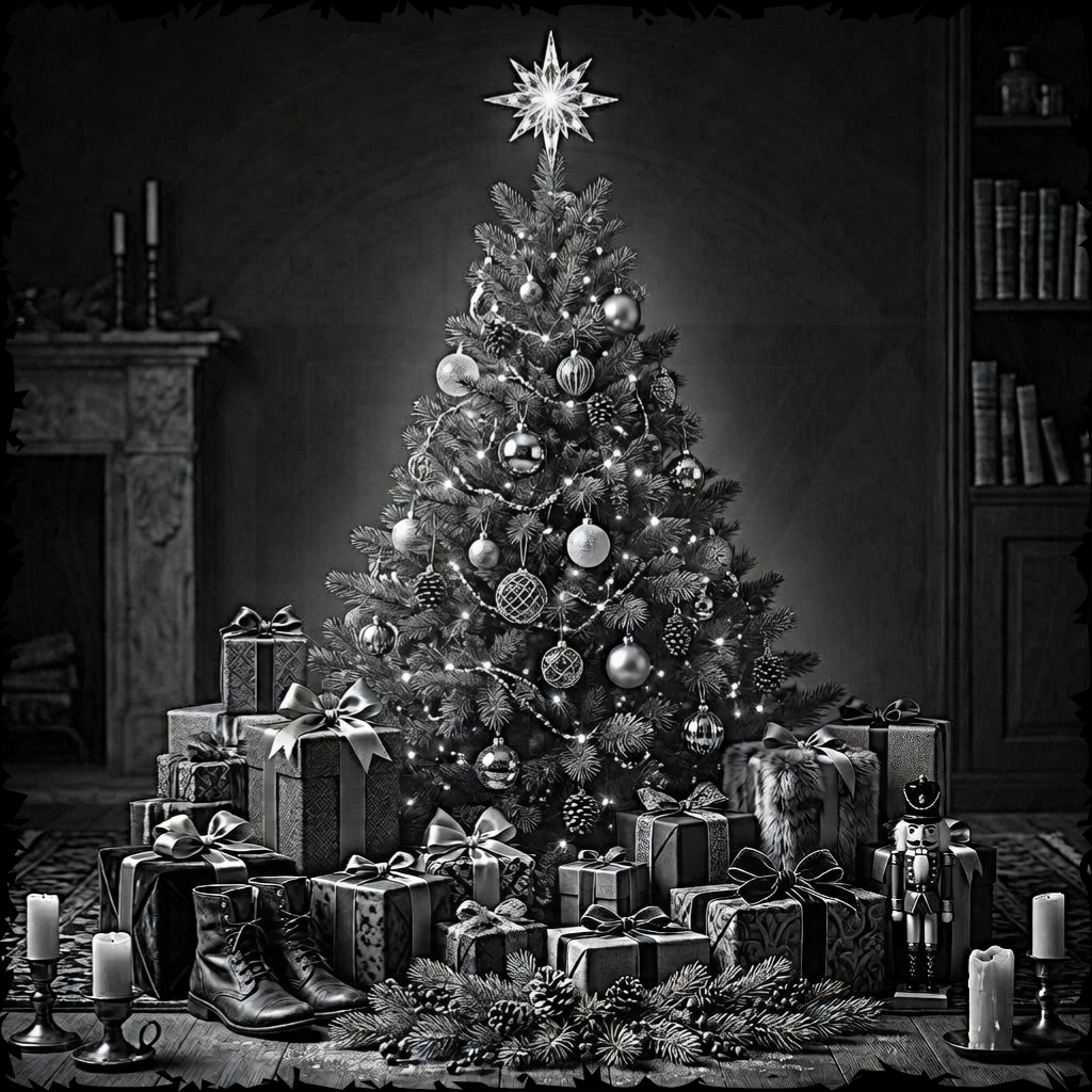 Decorated Christmas tree with presents and a star on top in a room setting.