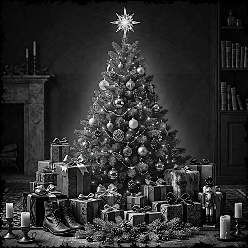 Decorated Christmas tree with presents and a star on top in a room setting.