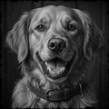 Black and white portrait of a dog with a collar on a dark background