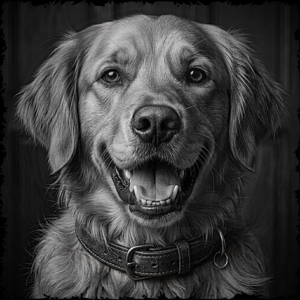 Black and white portrait of a dog with a collar on a dark background