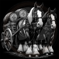 Two large horses pulling a cart with wooden barrels on a black background