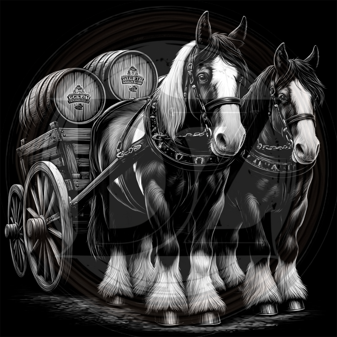 Two large horses pulling a cart with wooden barrels on a black background