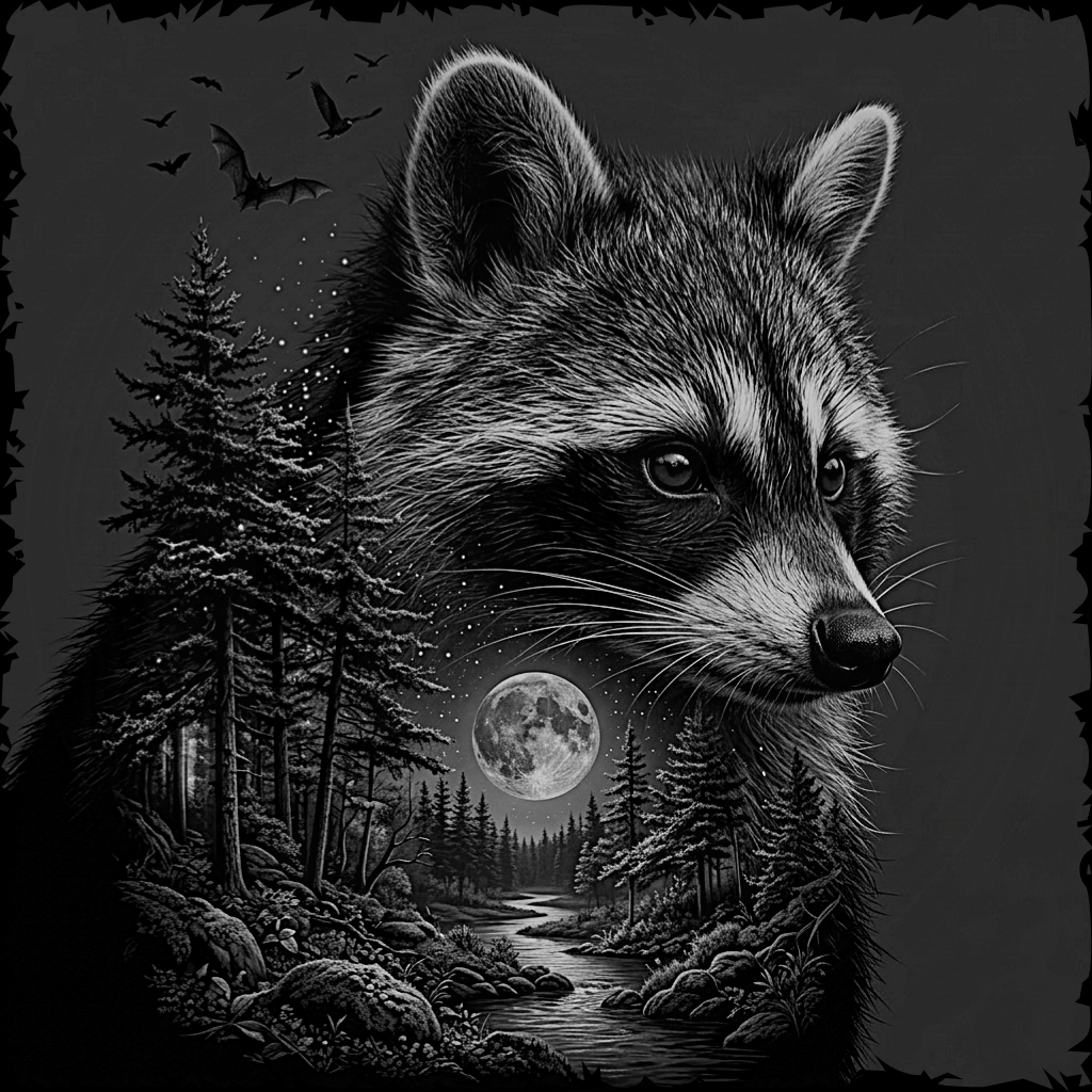 Raccoon in a forest with a full moon and birds flying