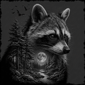 Raccoon in a forest with a full moon and birds flying
