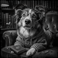 Dog wearing heart-shaped glasses and a sweater, sitting on a cushion with books and keys in the background.