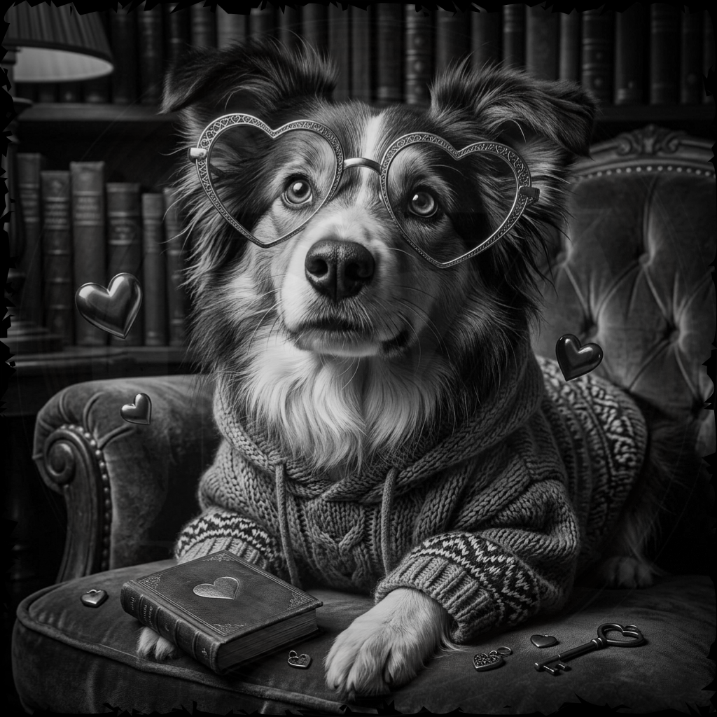 Dog wearing heart-shaped glasses and a sweater, sitting on a cushion with books and keys in the background.