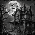 Spooky haunted house with bats, pumpkins, and a full moon in a dark, Halloween-themed setting.