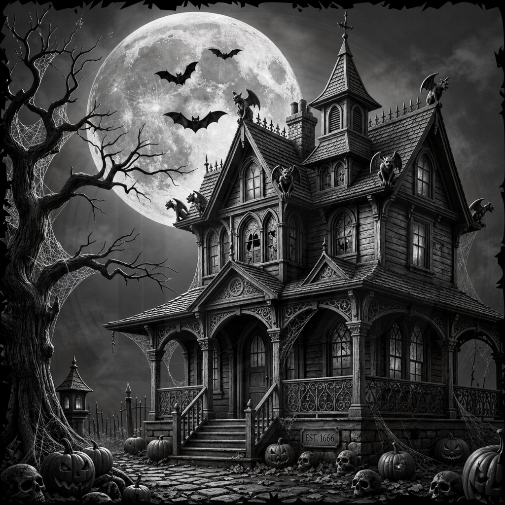 Spooky haunted house with bats, pumpkins, and a full moon in a dark, Halloween-themed setting.