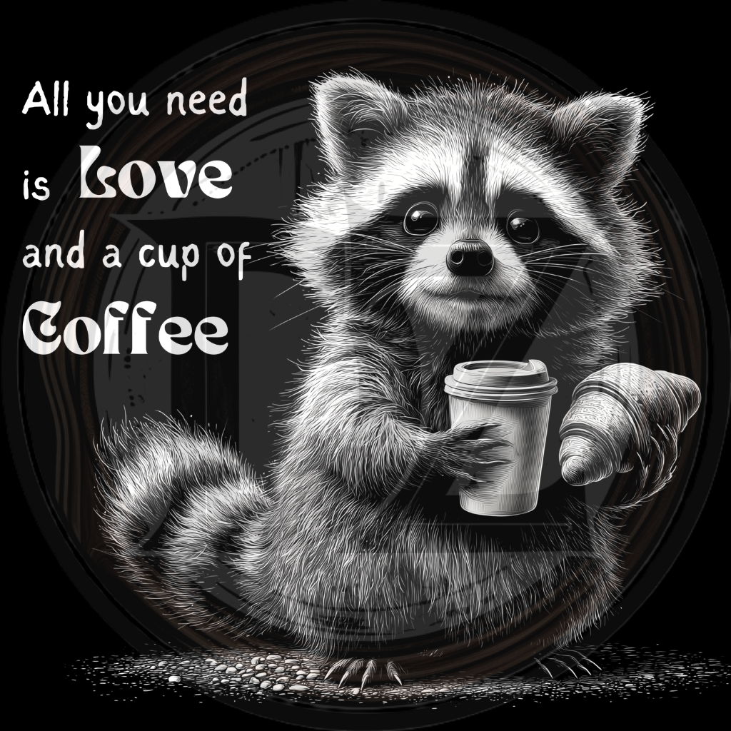 Illustration of a raccoon holding a coffee cup with text 'All you need is love and a cup of coffee'