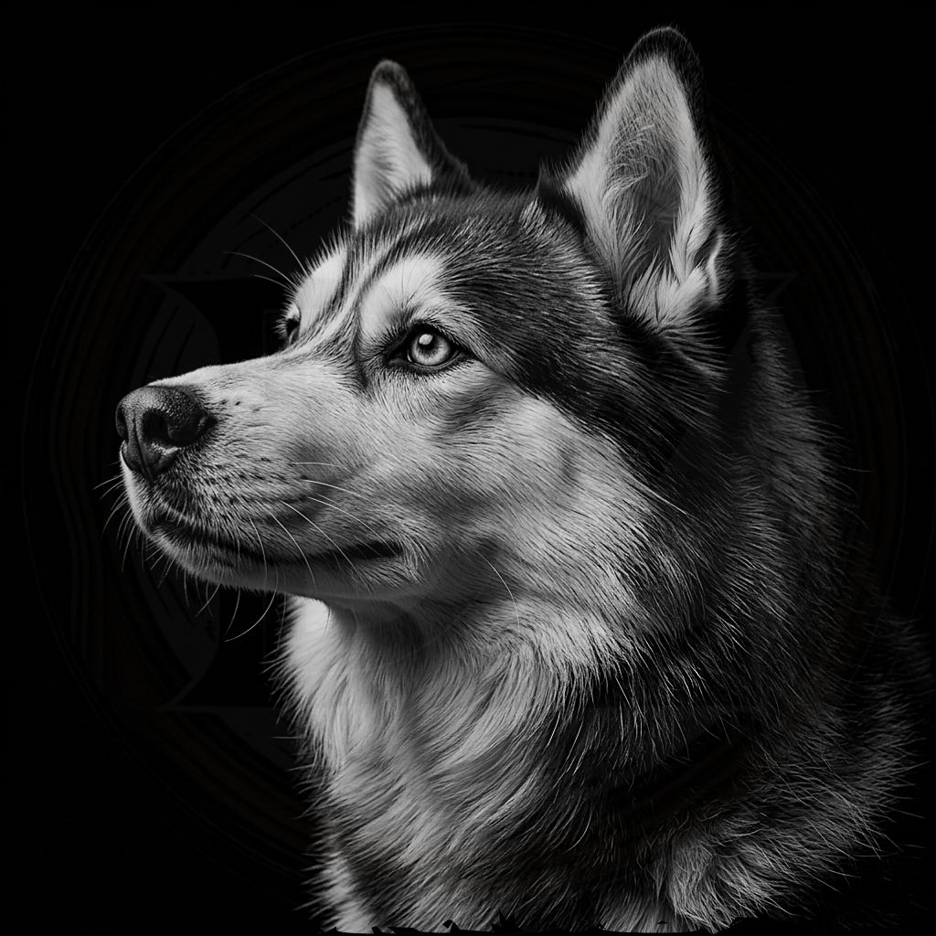 Black and white portrait of a husky dog on a black background