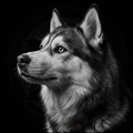 Black and white portrait of a husky dog on a black background