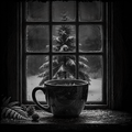 Black mug on a windowsill with a snowy tree outside