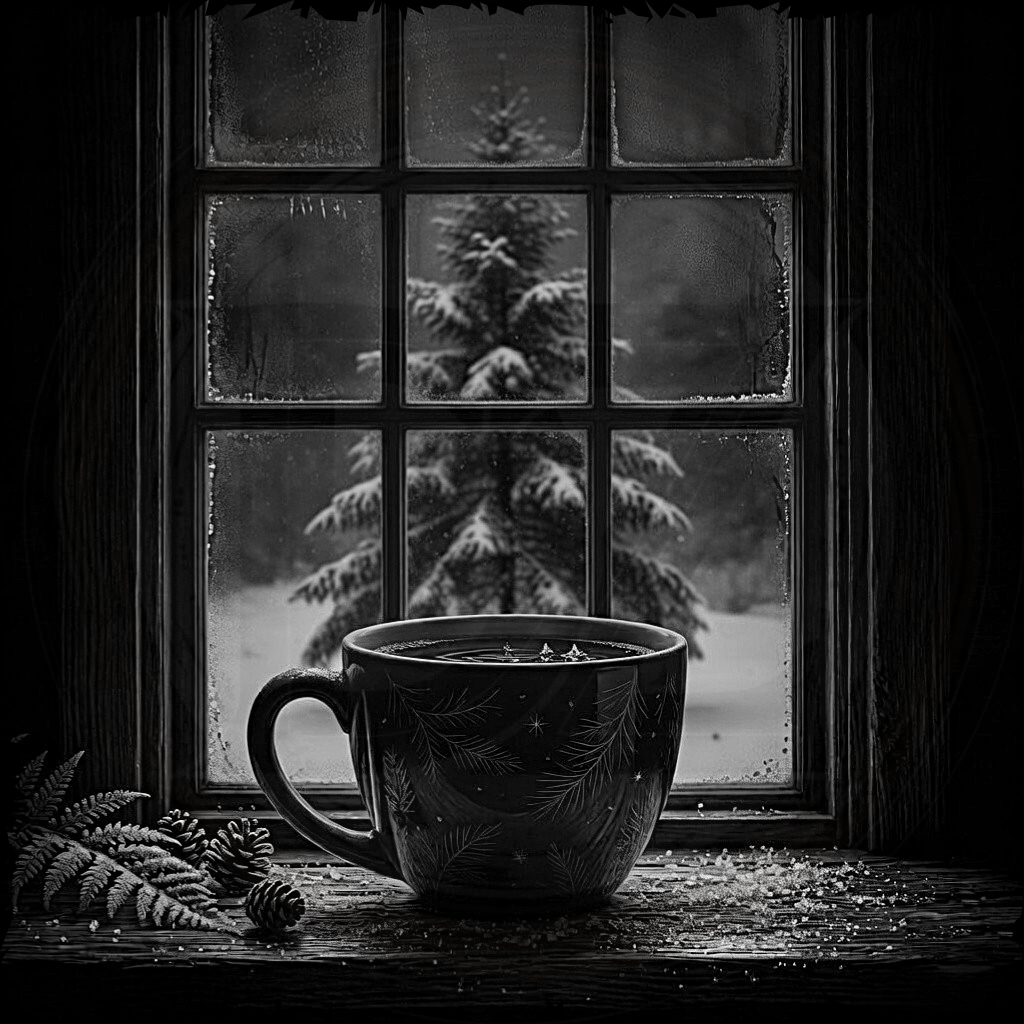 Black mug on a windowsill with a snowy tree outside