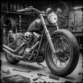Motorcycle with skull design in a workshop setting