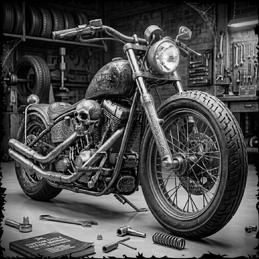Motorcycle with skull design in a workshop setting