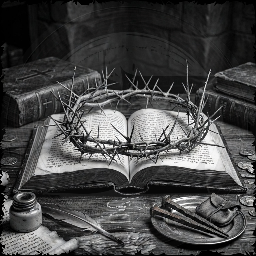 Crown of thorns on an open book with a quill and ink bottle on a wooden surface.