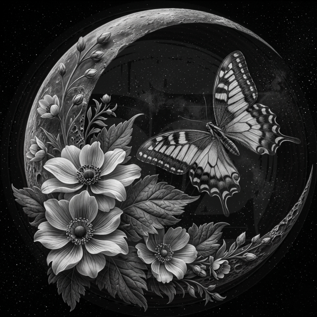 Black and white illustration of a butterfly and flowers on a crescent moon.
