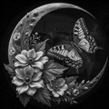 Black and white illustration of a butterfly and flowers on a crescent moon.