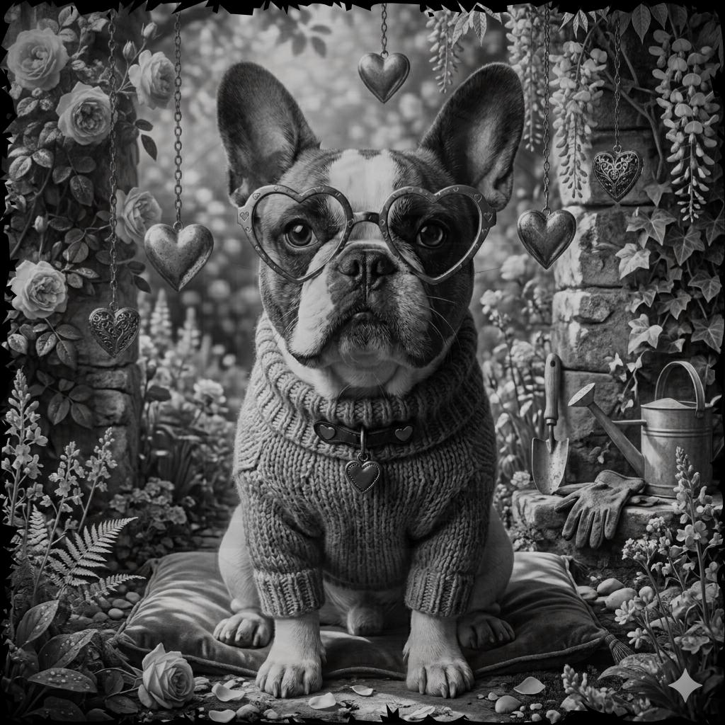Dog wearing heart-shaped glasses and a sweater in a garden setting