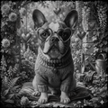 Dog wearing heart-shaped glasses and a sweater in a garden setting