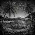 Black and white illustration of a tropical beach scene with palm trees, hammock, and ocean waves.