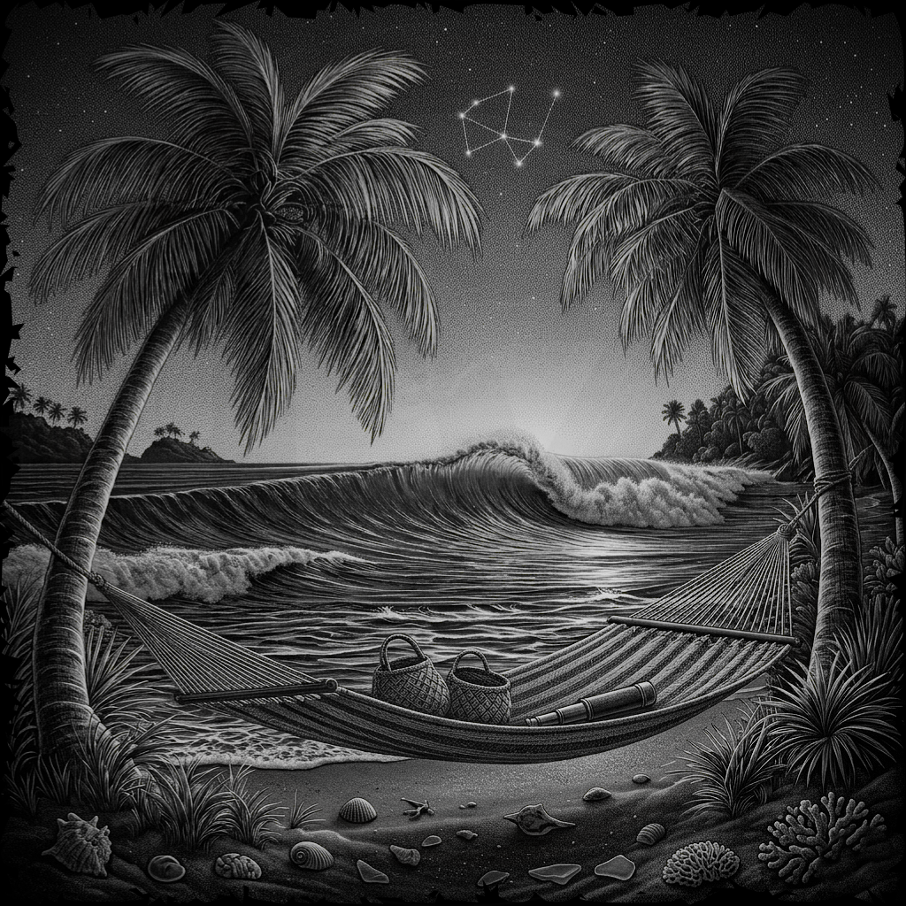 Black and white illustration of a tropical beach scene with palm trees, hammock, and ocean waves.