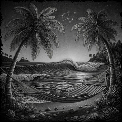 Black and white illustration of a tropical beach scene with palm trees, hammock, and ocean waves.