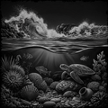 Black and white underwater scene with a turtle, fish, and coral.