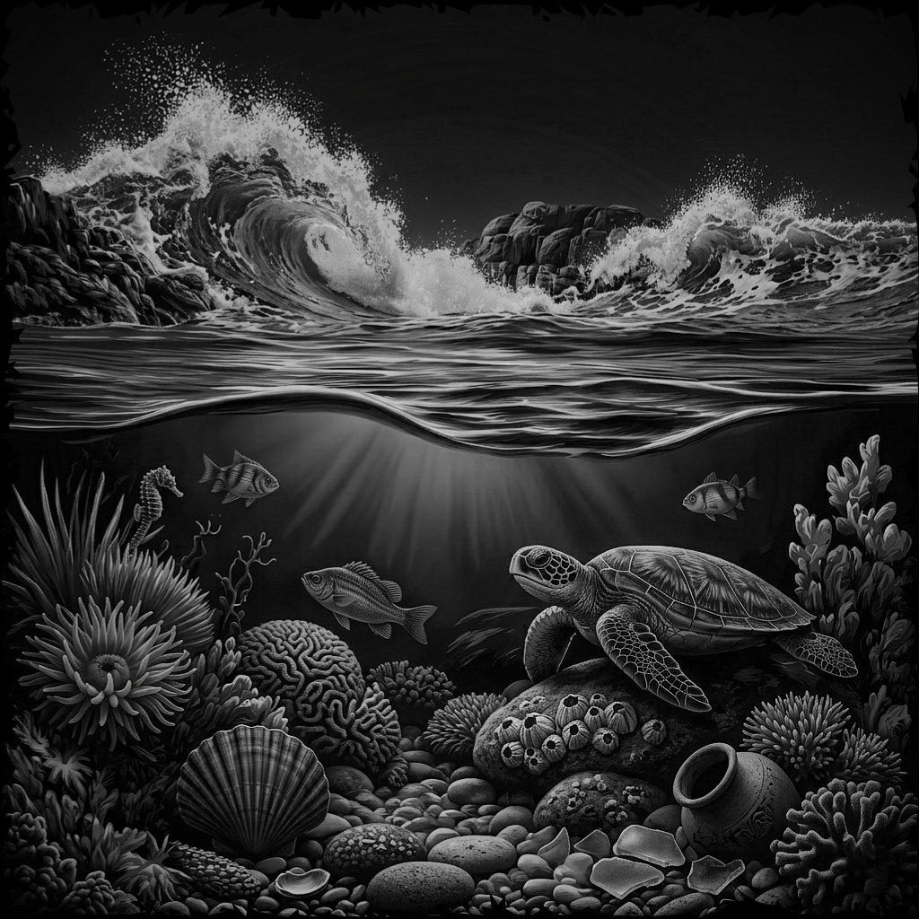 Black and white underwater scene with a turtle, fish, and coral.