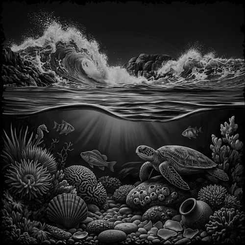 Black and white underwater scene with a turtle, fish, and coral.
